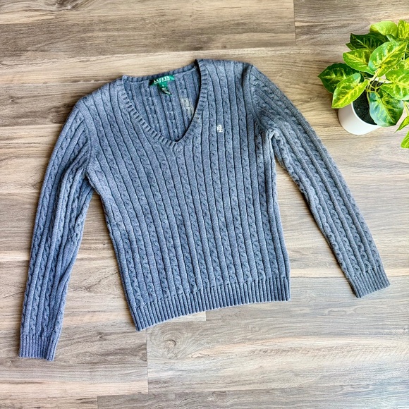 Lauren Ralph Lauren Gray Cable Knit V-Neck Sweater – Women’s Small, 100% Cotton - Picture 15 of 15